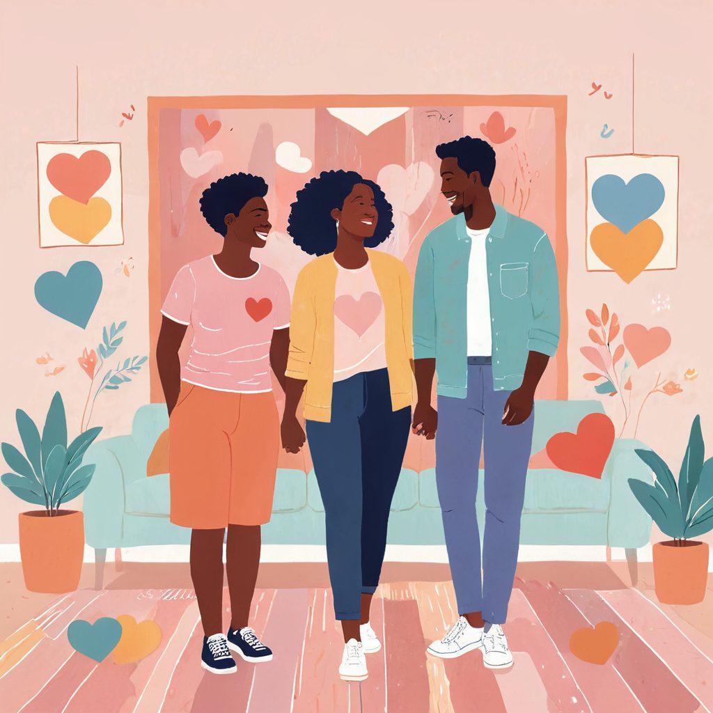 A heartfelt scene of a diverse couple holding hands and laughing together in a cozy, warmly lit room, surrounded by personal mementos like photos and gifts; soft pastel hues with a subtle heart motif in the background to symbolize love and connection. vector art. vibrant colors.