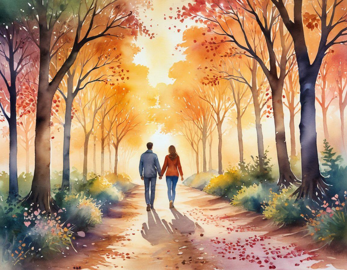 A warm, inviting scene of a couple holding hands while walking down a serene, tree-lined path covered in petals; glowing hearts subtly floating around them symbolizing love; an ethereal light guiding their way, with a backdrop of a golden sunset. watercolor painting. vibrant colors.
