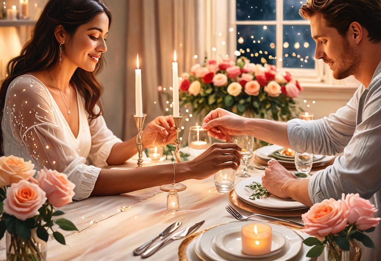A cozy, candlelit dinner scene with a diverse couple holding hands across a table, surrounded by romantic décor like roses and fairy lights; an expert giving advice in the background. The setting should evoke deep emotional connection and warmth. watercolor style. soft tones. warm lighting.